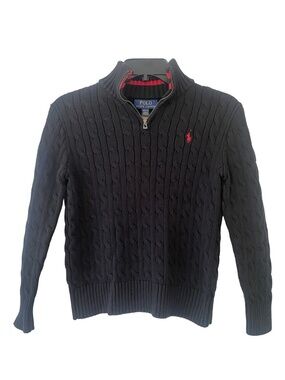 Polo Ralph Lauren Boys Cable Knit Quarter Zip Sweater Size 10-12 Black